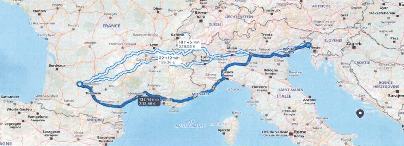 Carte routière de la France et du nord de l'Italie : les itinéraires entre Castelculier et Medea, par Lyon et Milan ou par Marseille et Gênes, jusqu'à la province de Gorizia.