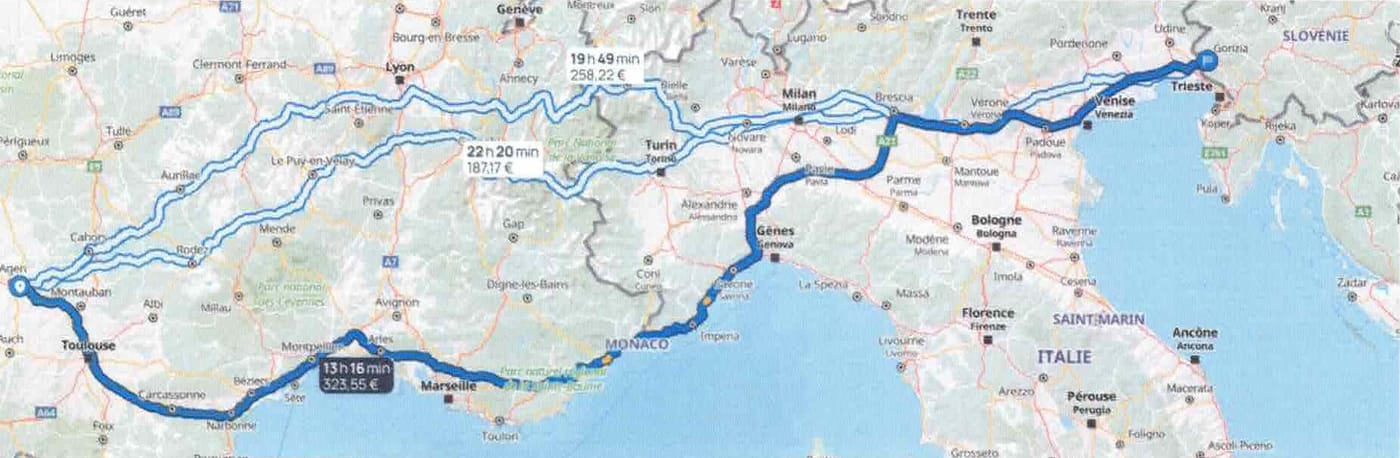 Carte routière de Castelculier à Šempeter pri Gorici, en Slovénie, par le nord de l'Italie jusqu'à Trieste et Gorizia.