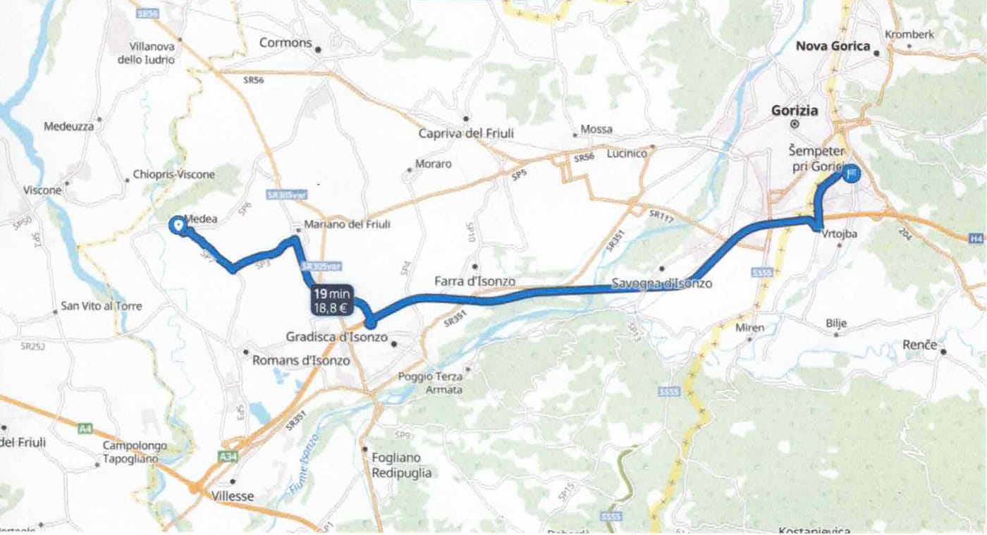Carte locale du Frioul : la route de Medea à Šempeter pri Gorici par Gradisca d'Isonzo et Savogna d'Isonzo, une vingtaine de minutes.