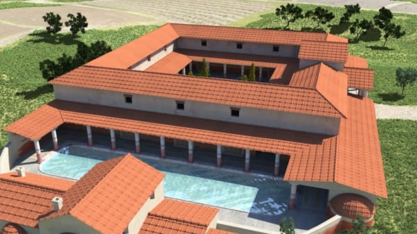 Maquette en trois dimensions de la villa gallo-romaine : bâtiments à toits de tuiles organisés autour d'une cour à colonnade, avec un long bassin au centre et des champs tout autour.