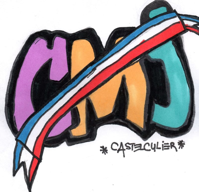 Logo du CMJ dessiné par les jeunes : les lettres C, M et J en graffiti violet, orange et turquoise, barrées d'une écharpe tricolore, avec la mention Castelculier.