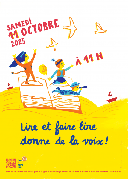 Affiche « Lire et faire lire donne de la voix ! » — samedi 11 octobre 2025 à 11h, illustration d'enfants jouant sur un livre ouvert.