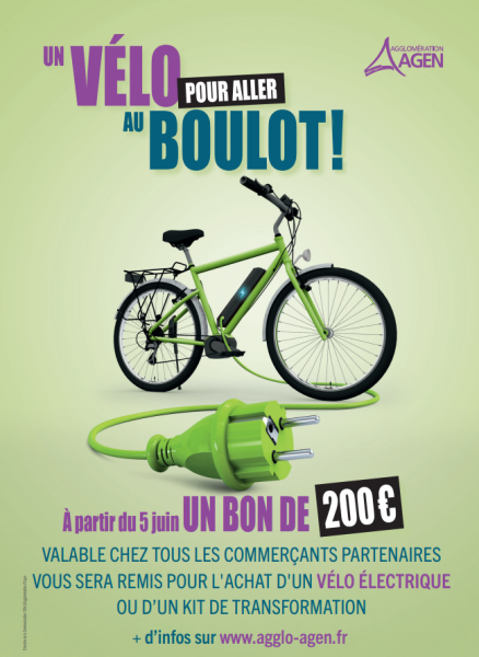 Affiche du dispositif d'aide vélo électrique de l'Agglomération d'Agen.
