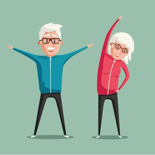 Illustration de deux seniors en tenue de sport réalisant des exercices d'étirement.