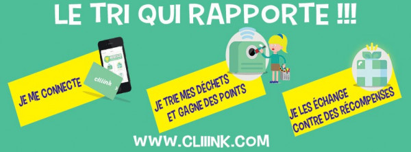 Infographie Cliiink « Le tri qui rapporte » : se connecter, trier ses déchets pour gagner des points, les échanger contre des récompenses.