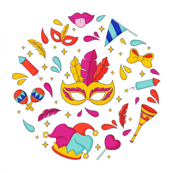 Illustration de carnaval : masque à plumes, maracas, chapeau de bouffon et confettis.
