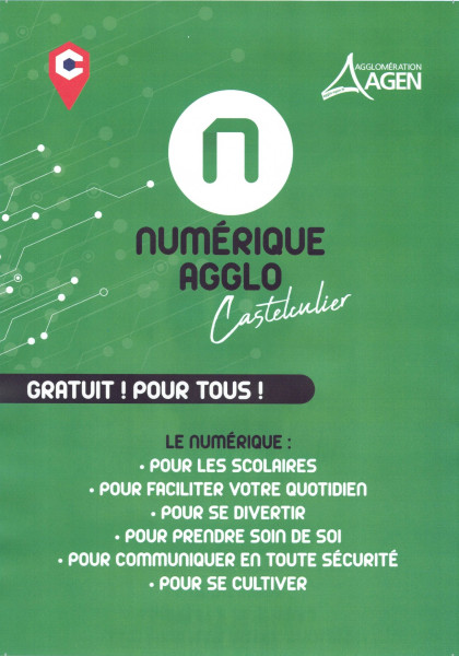 Affiche « Numérique Agglo Castelculier — gratuit pour tous » présentant les usages du numérique proposés.